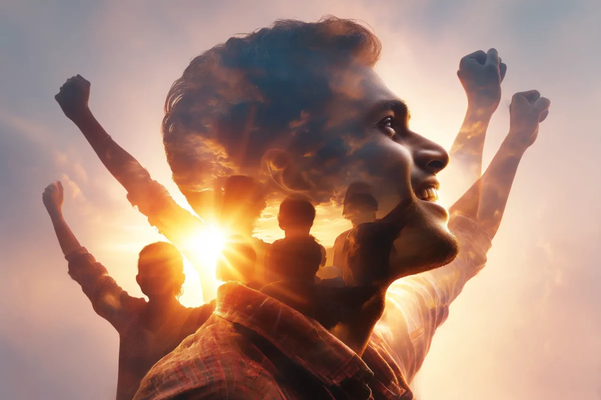 Few people raising hands symbolizing a win