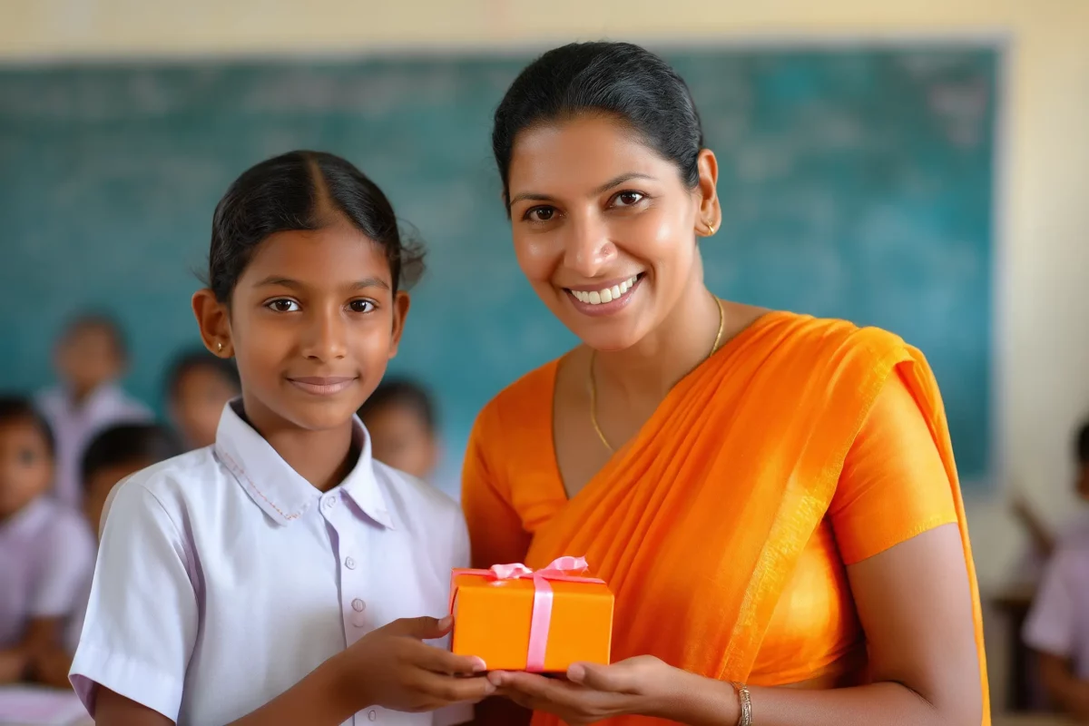 A teacher wearing a orange saree presenting a gift box to a child in school uniform