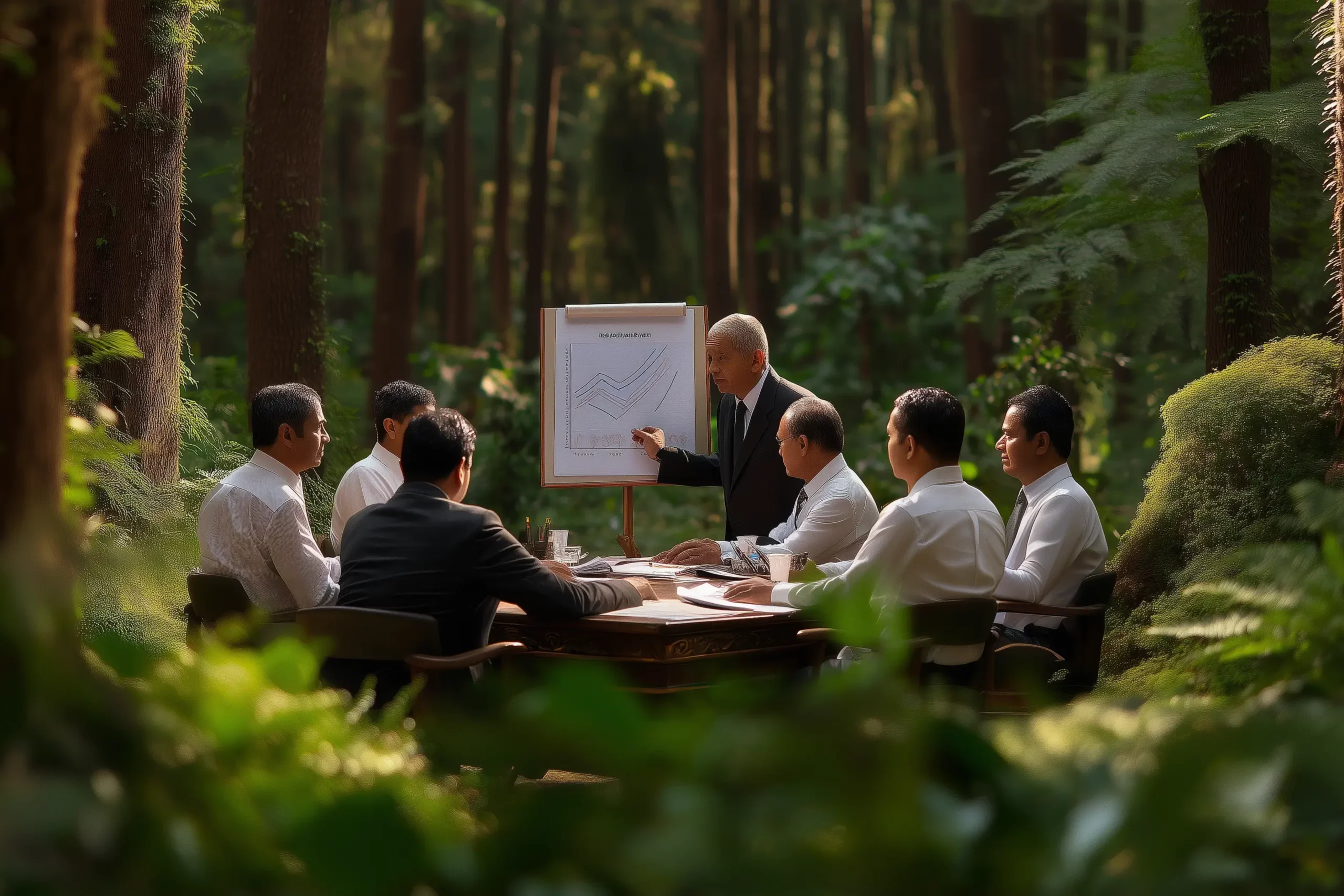 A meeting held in a forest, where few male employees are looking at a chart on a standing board